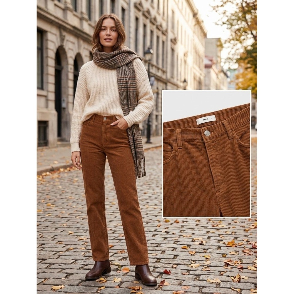 Mango MNG Corduroy Pants Womens 10 Brown High Rise Straight Leg Rust